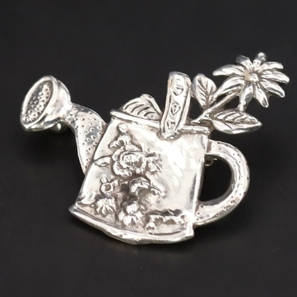 Vintage Sterling Silver MARY ENGELBREIT MEINK Watering Can Flowers Brooch Pin 7g - Picture 2 of 5